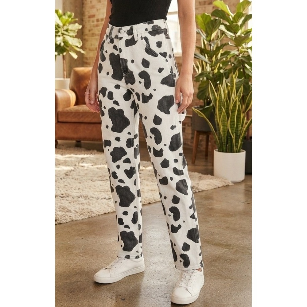 PacSun Cow Print Boyfriend Pants Women's 24" Waist White Black Cotton High Rise